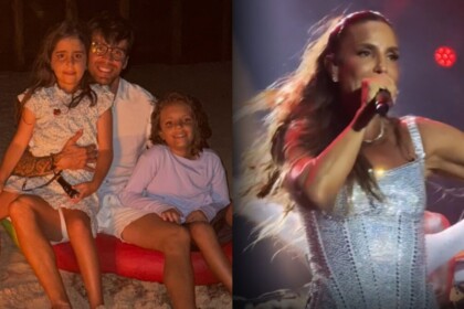 Daniel Cady com as filhas em montagem com Ivete Sangalo em show