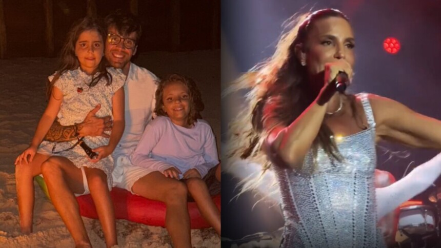 Daniel Cady com as filhas em montagem com Ivete Sangalo em show