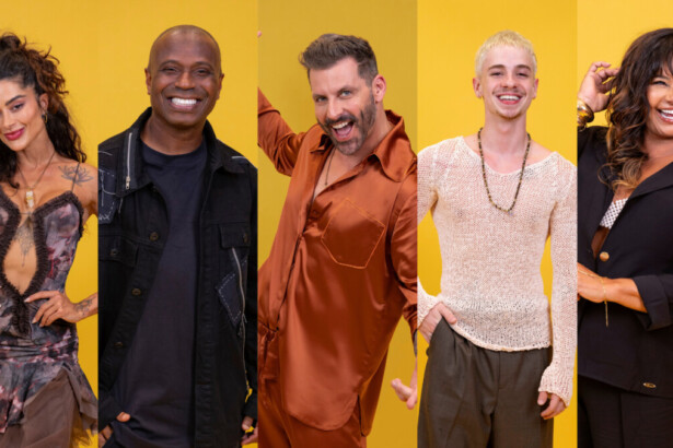 Aline Campos, Edilson, Henri Castelli, Juliano Floss e Solange Couto, sorridentes em fotos oficiais do BBB 26 em um fundo amarelo