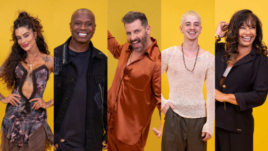 Aline Campos, Edilson, Henri Castelli, Juliano Floss e Solange Couto, sorridentes em fotos oficiais do BBB 26 em um fundo amarelo
