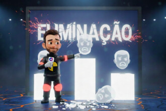 Toninho vestido de Dummy e com semblante triste apontando para o telão escrito Eliminação do BBB 26