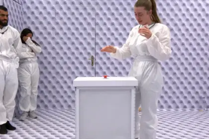 Elisa chora e coloca a mão sob o botão vermelho antes de desistir do quarto branco do BBB 26