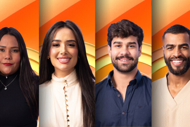 Chaiany, Jordana, Paulo Augusto e Ricardo sorridentes na arte da enquete da casa de vidro do BBB 26 no Centro-Oeste