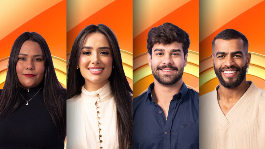 Chaiany, Jordana, Paulo Augusto e Ricardo sorridentes na arte da enquete da casa de vidro do BBB 26 no Centro-Oeste