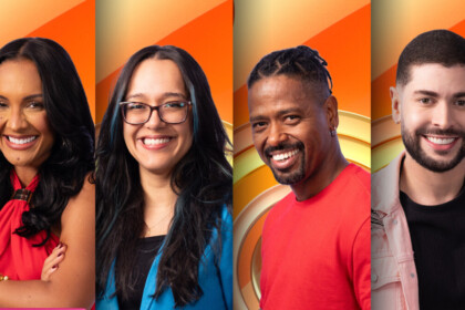 Maxiane, Rafaella, Leandro e Marcelo sorridentes na arte da enquete da casa de vidro do BBB 26 no Norte