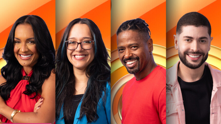 Maxiane, Rafaella, Leandro e Marcelo sorridentes na arte da enquete da casa de vidro do BBB 26 no Norte