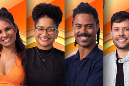 Chaiany, Jordana, Paulo Augusto e Ricardo sorridentes na arte da enquete da casa de vidro do BBB 26 no Sudeste