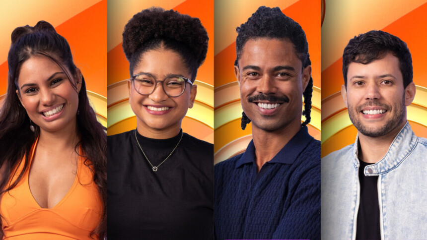 Chaiany, Jordana, Paulo Augusto e Ricardo sorridentes na arte da enquete da casa de vidro do BBB 26 no Sudeste