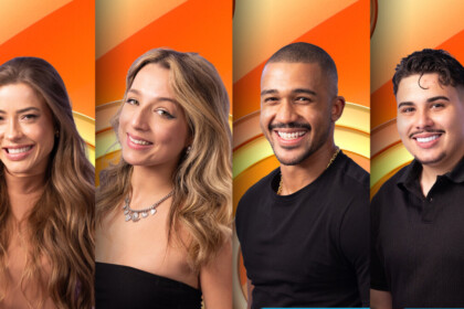 Elisa, Matheus, Pedro e Samira sorridentes na arte da enquete da casa de vidro do BBB 26 no Sul