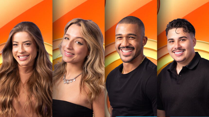 Elisa, Matheus, Pedro e Samira sorridentes na arte da enquete da casa de vidro do BBB 26 no Sul