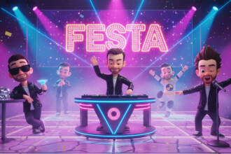 Toninho tocando e dançando na arte da Festa do BBB 26