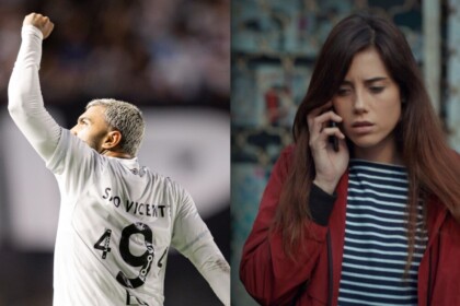 Gabigol comemorando gol no Santos pelo Paulistão, em montagem com Zeynep na novela Mãe - montagem