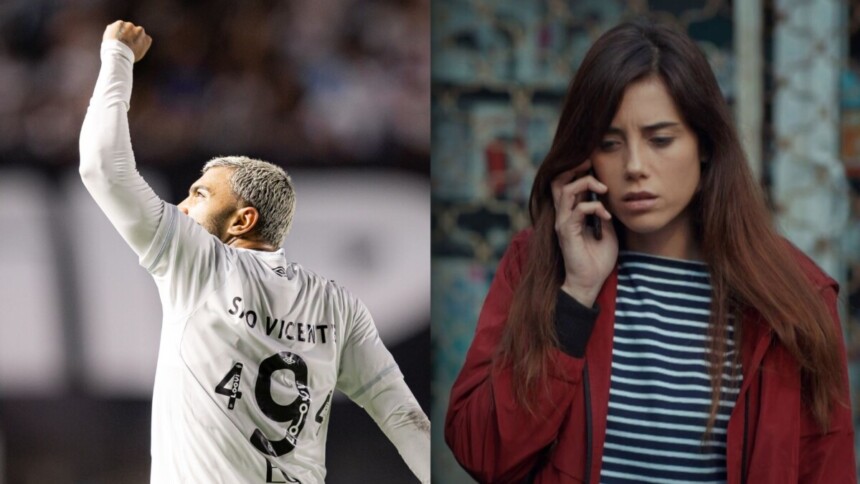 Gabigol comemorando gol no Santos pelo Paulistão, em montagem com Zeynep na novela Mãe - montagem