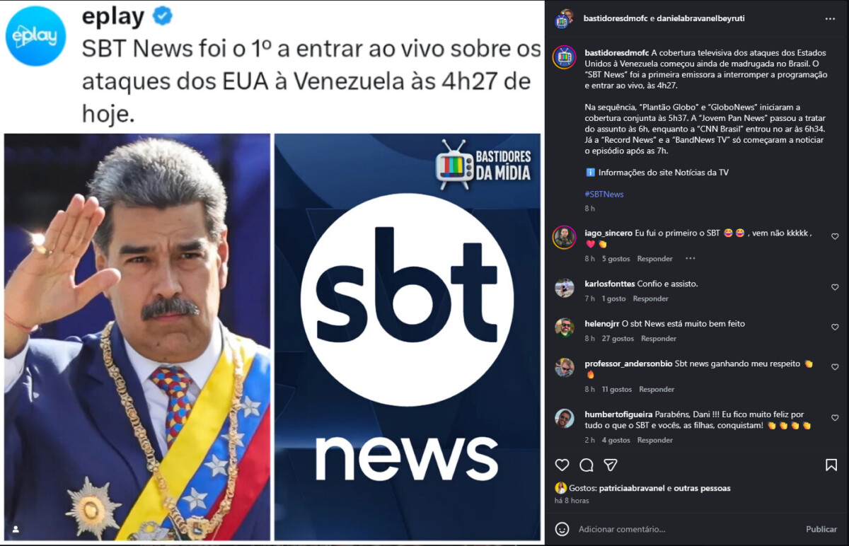 Publicação da presidente do SBT apontando SBT News como quem primeiro noticiou a prisão de Nicolás Maduro