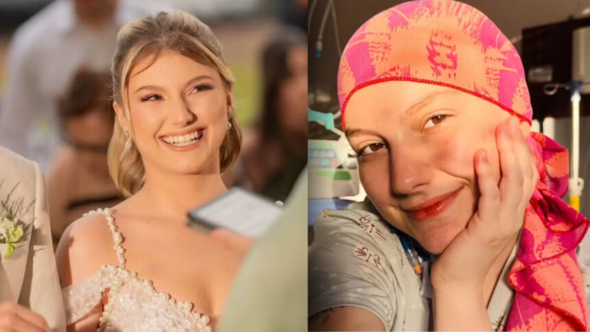 Isabel Veloso em dois momentos: vestida de noiva em seu casamento e em um quarto de hospital durante o tratamento contra o câncer