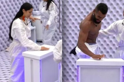 Livia e Ricardo, em uma montagem, apertando o botão para desistir do Quarto Branco no BBB 26