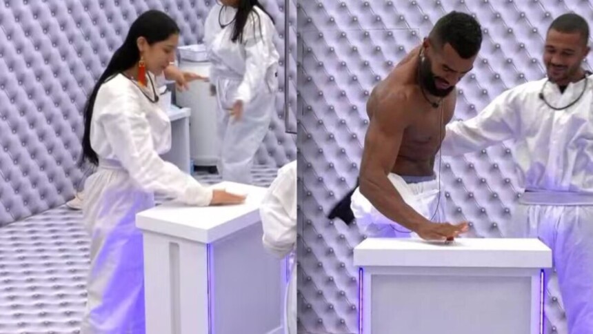 Livia e Ricardo, em uma montagem, apertando o botão para desistir do Quarto Branco no BBB 26