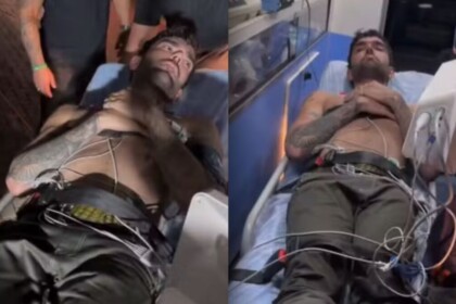 Luan Pereira deitado na cama da ambulância após passar mal em show