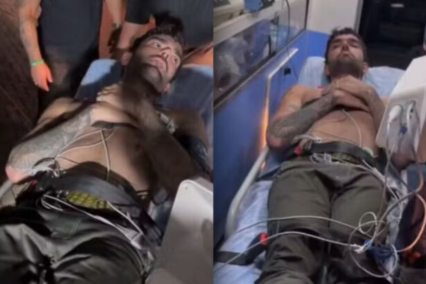 Luan Pereira deitado na cama da ambulância após passar mal em show