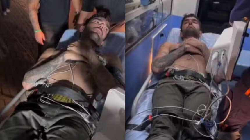 Luan Pereira deitado na cama da ambulância após passar mal em show