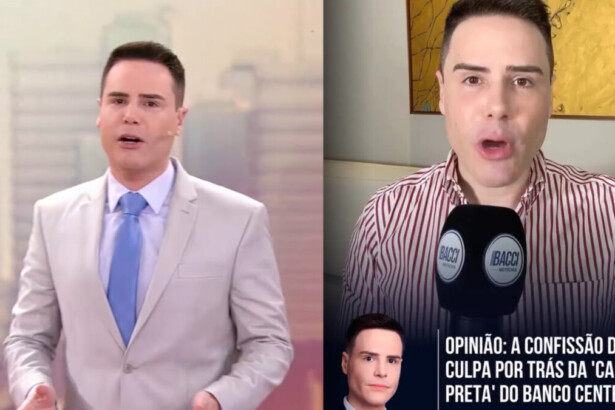 Luiz Bacci no cenário do Alô Você dividindo tela com ele mesmo segurando o microfone com o logo do seu site em vídeo contra o Banco Central