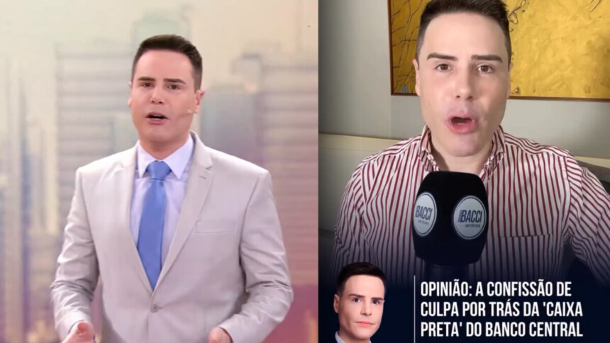 Luiz Bacci no cenário do Alô Você dividindo tela com ele mesmo segurando o microfone com o logo do seu site em vídeo contra o Banco Central