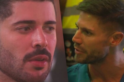 Marcelo e Jonas em montagem com trecho da treta no BBB 26