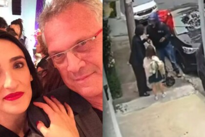 Maria Prata e Pedo Bial, em montagem com imagem do assalto em SP