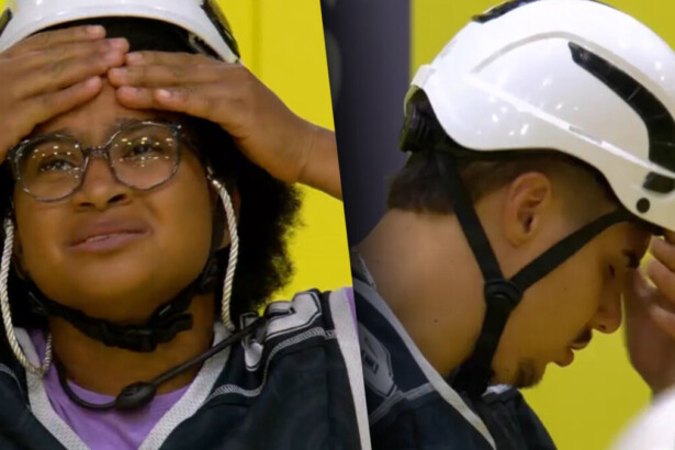 Milena com as mãos na cabeça divide tela com Pedro chorando na Prova do Líder do BBB 26