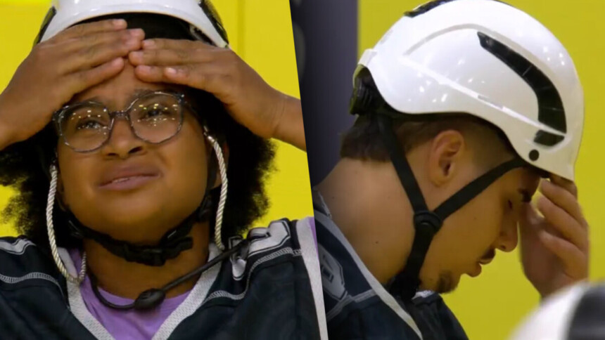 Milena com as mãos na cabeça divide tela com Pedro chorando na Prova do Líder do BBB 26