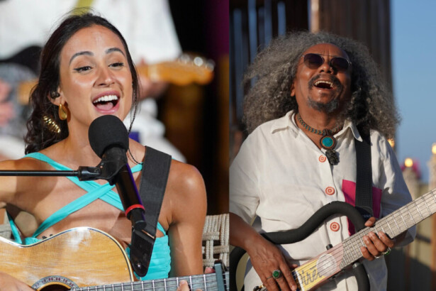 Mariana Nolasco e Chico César tocam violão e cantam no Caldeirão temporada de Verão