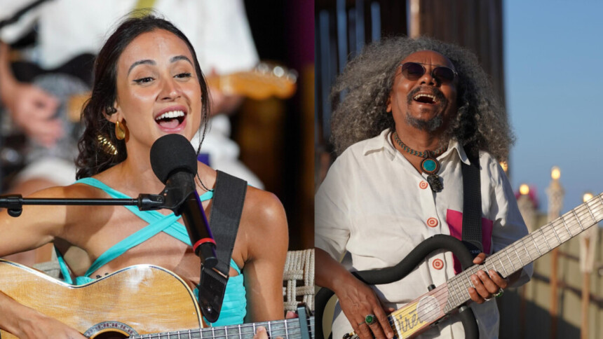 Mariana Nolasco e Chico César tocam violão e cantam no Caldeirão temporada de Verão