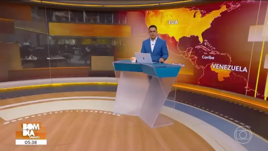 Marcelo Pereira em pé por trás da bancada do bom Dia Sábado no Plantão Globo