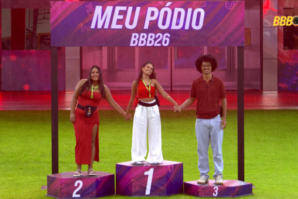 Gabriel no pódio do BBB 26 coloca Chaiany em segundo lugar e Breno em terceiro