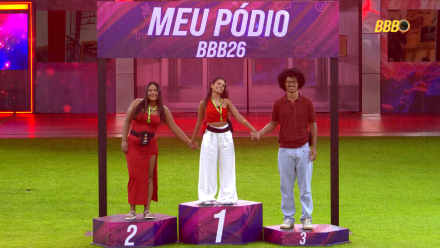 Gabriel no pódio do BBB 26 coloca Chaiany em segundo lugar e Breno em terceiro