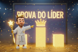 Toninho vestido com roupão branco apontando para a coroa da Prova de Líder do BBB 26