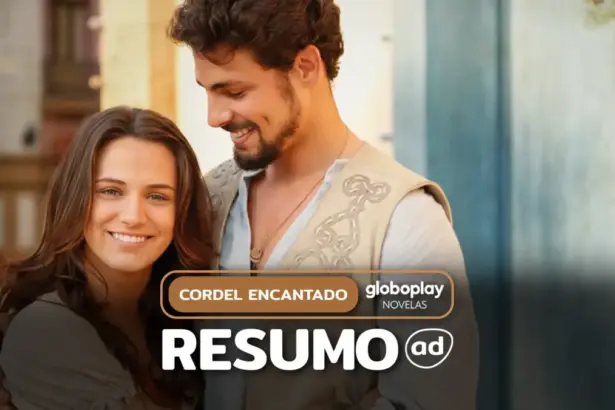 Açucena (Bianca Bin) e Jesuíno (Cauã Reymond) lado a lado e sorridentes na arte do resumo semanal de Cordel Encantado