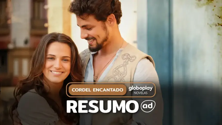 Açucena (Bianca Bin) e Jesuíno (Cauã Reymond) lado a lado e sorridentes na arte do resumo semanal de Cordel Encantado