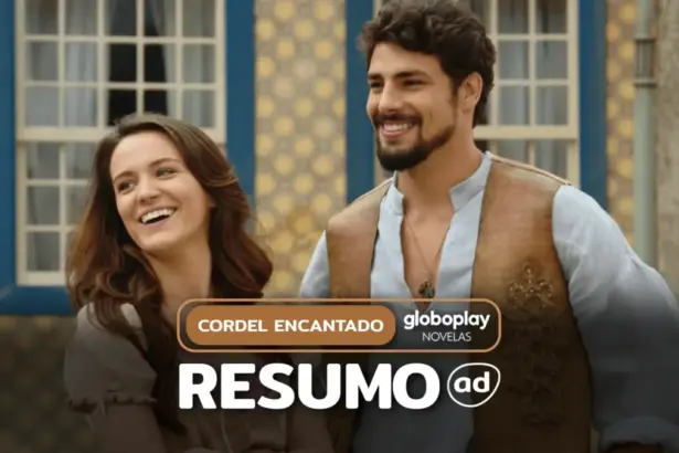 Açucena (Bianca Bin) e Jesuíno (Cauã Reymond) lado a lado e sorridentes na arte do resumo diário de Cordel Encantado
