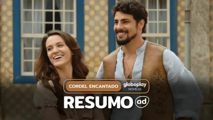 Açucena (Bianca Bin) e Jesuíno (Cauã Reymond) lado a lado e sorridentes na arte do resumo diário de Cordel Encantado