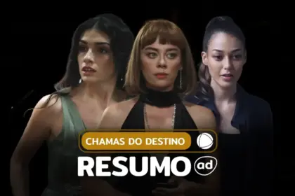 Cicek (Hazar Erguclu), Cemre (Demet Evgar) e Ruya (Dilan Cicek Deniz) na arte do resumo da novela Chamas do Destino