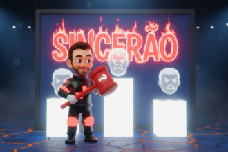 Toninho Dummy com um martelo vermelho na arte do Sincerão do BBB 26