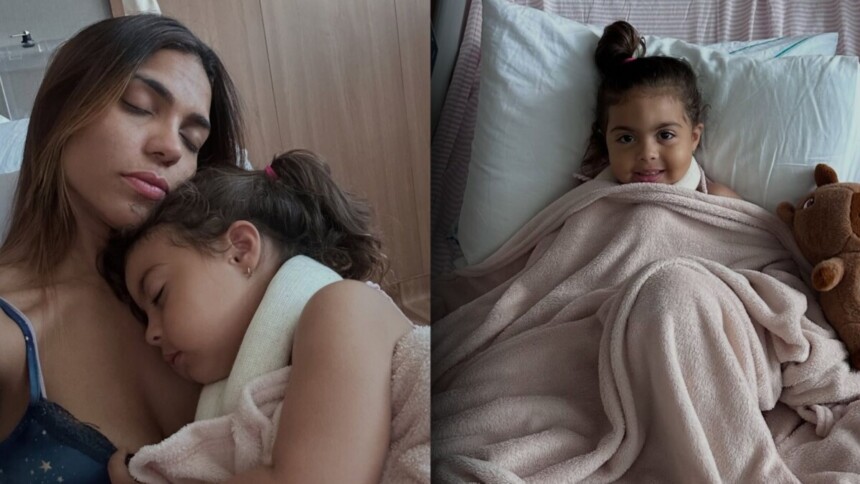 Tays Reis e a com pequena Pietra no hospital após acidente