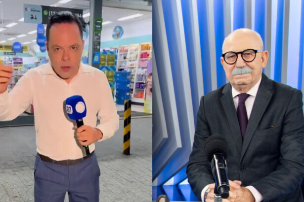 Thiago Gardinalli segura microfone em frente a uma farmácia em reportagem de rua da RECORD dividindo tela com Renato Lombardi no estúdio do Balanço Geral