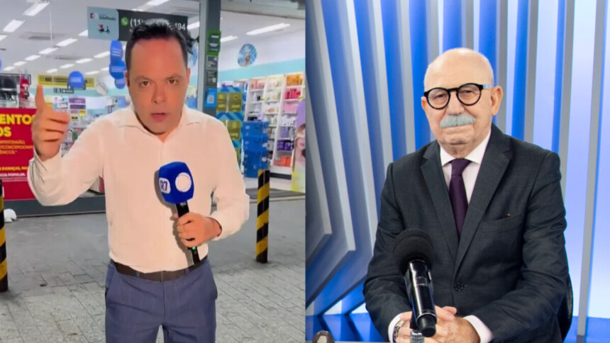 Thiago Gardinalli segura microfone em frente a uma farmácia em reportagem de rua da RECORD dividindo tela com Renato Lombardi no estúdio do Balanço Geral
