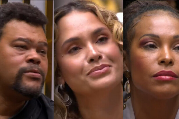 Babu, Sarah e Sol sentados no sofá do BBB 26 durante a formação do quarto Paredão