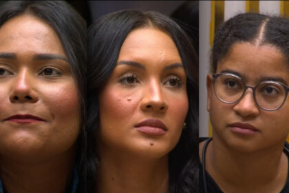 Divisão de tela com Chaiany, Maxiane e Milena sentadas no sofá do BBB 26 pedindo votos no 6º Paredão