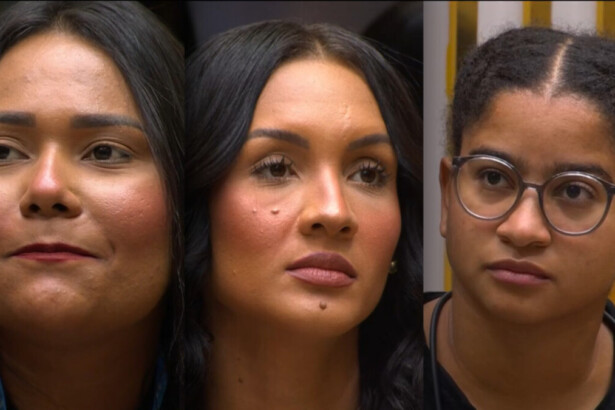 Divisão de tela com Chaiany, Maxiane e Milena sentadas no sofá do BBB 26 pedindo votos no 6º Paredão