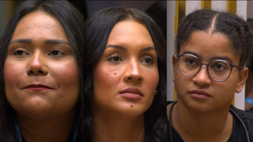 Divisão de tela com Chaiany, Maxiane e Milena sentadas no sofá do BBB 26 pedindo votos no 6º Paredão