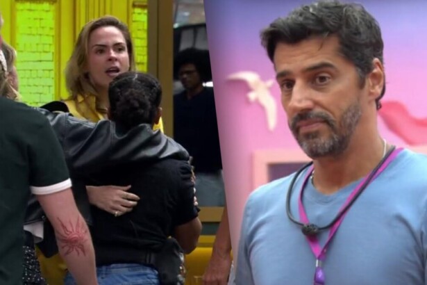Ana Paula Renault, sendo contida por aliados, em montagem com Alberto Cowboy na treta do BBB 26
